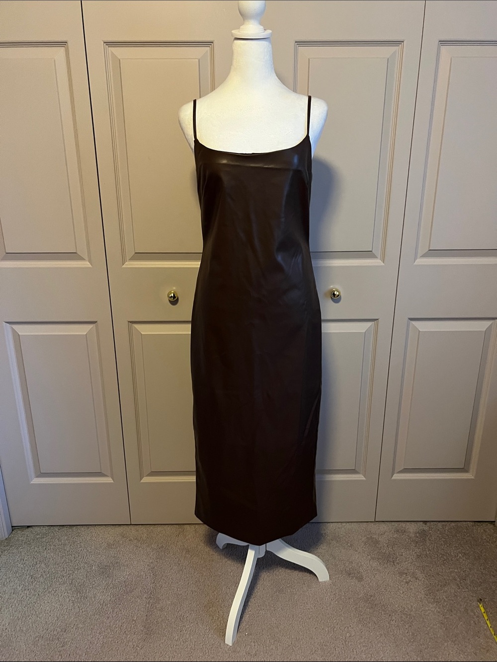 Vegan Leather Brown Slip Dress - Spaghetti Strap